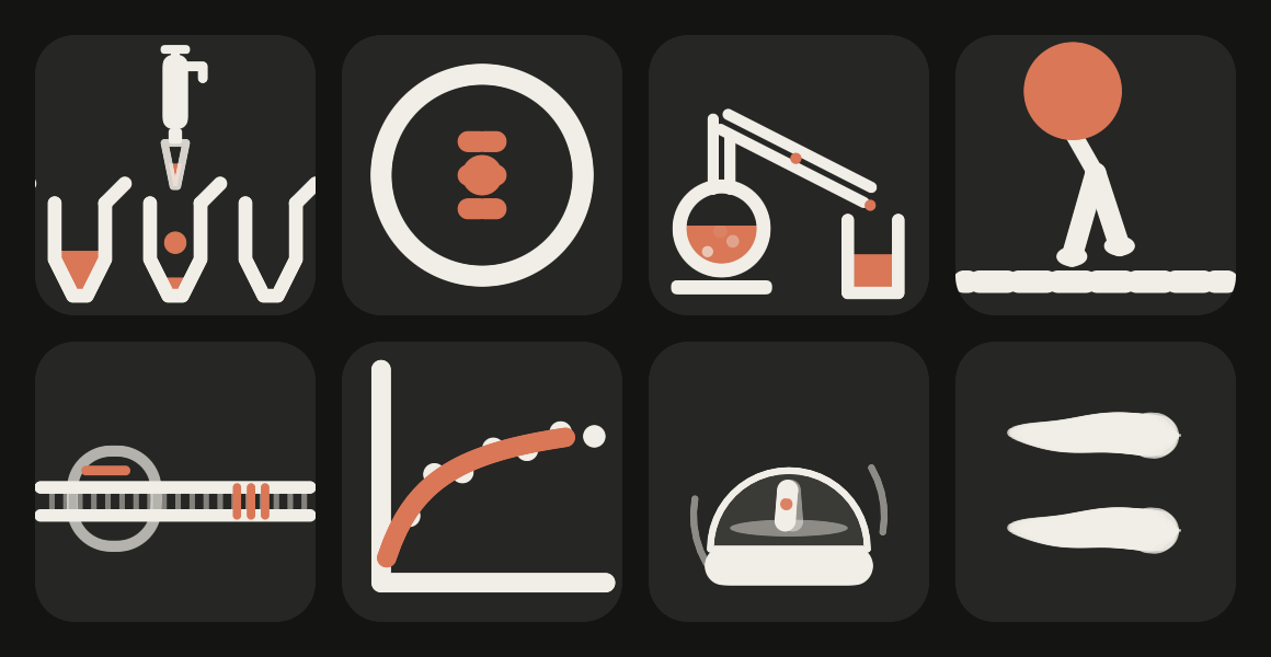 Eight of Bench's animated lab specimens playing: a pipette aliquoting, a cell dividing, distillation, a kinesin motor, CRISPR, a curve fit, a centrifuge and planaria.