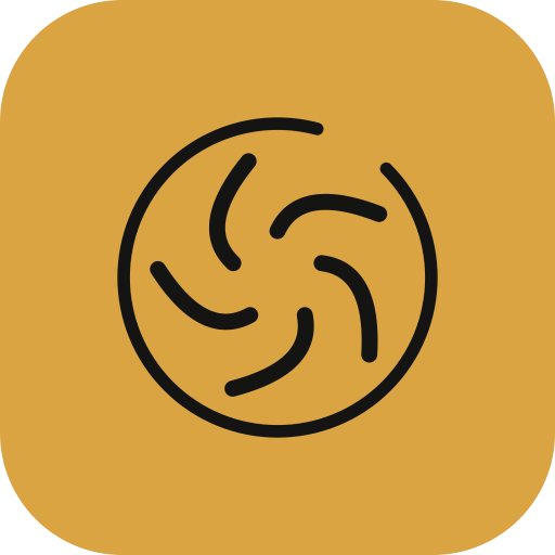 Nidus icon: five ribbons pinwheeled inside a broken ring, on an amber tile.