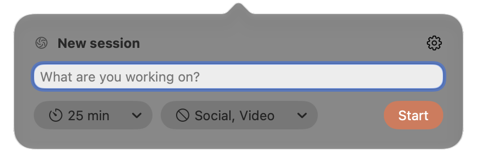 The Nidus popover under the menu bar: a goal field reading What are you working on?, a 25 minute length, the Social and Video categories, and a clay Start button.