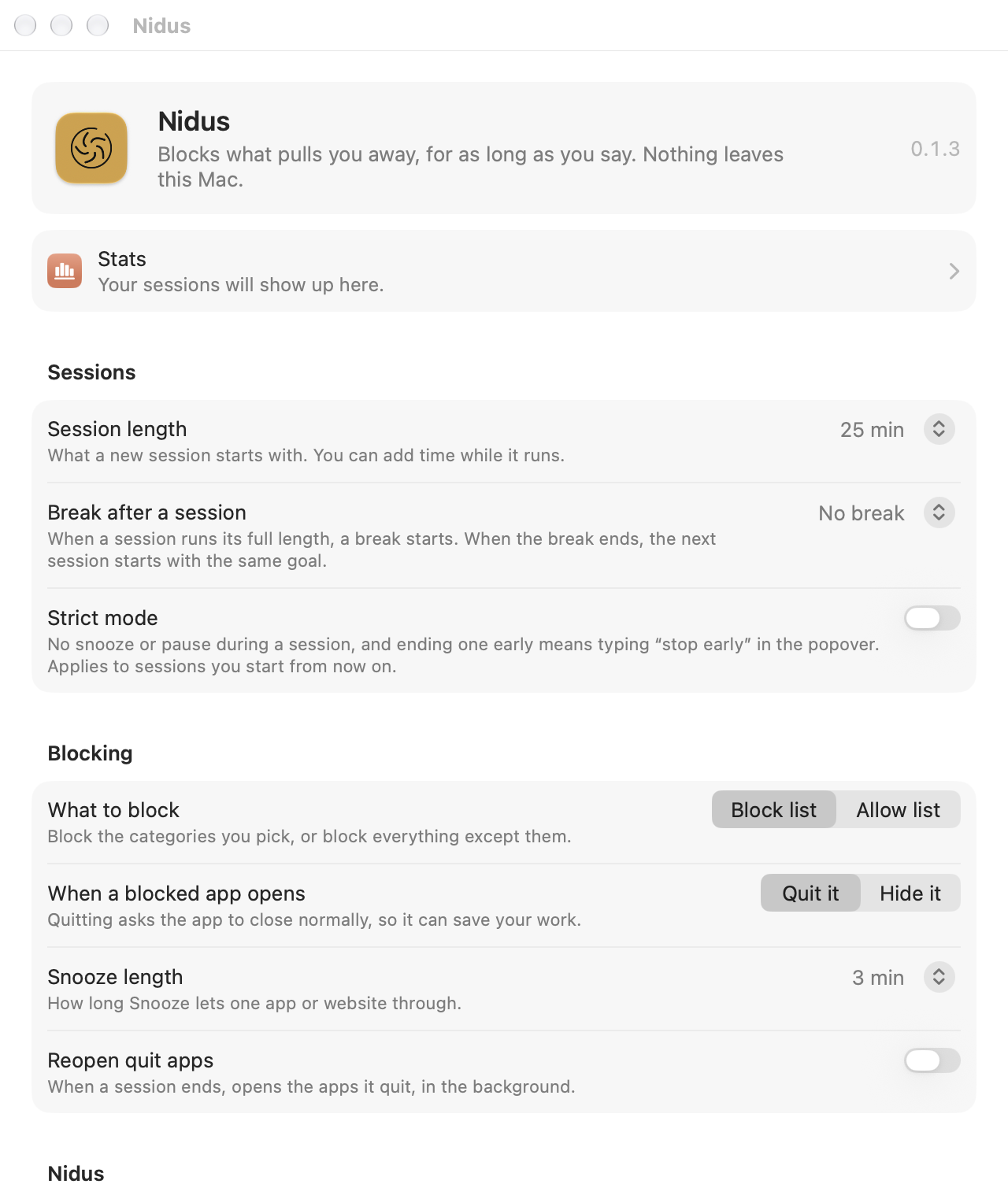 Nidus Settings, Sessions section: session length, break after a session, and Strict mode.